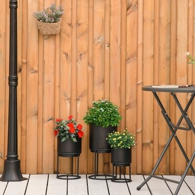 3er Set Blumenständer mit Blumentopf aus Metall Schwarz