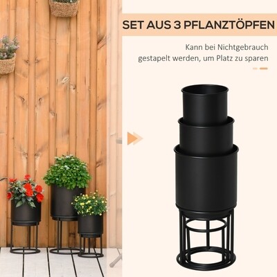 3er Set Blumenständer mit Blumentopf aus Metall Schwarz