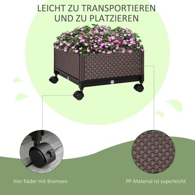 Hochbeet mit Rollen Blumenkasten, 50 x 50 x 33 cm, Kunststoff, Braun