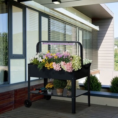 Hochbeet mit LED-Licht Rädern und Regal für Garten und Balkon Kräuterbeet Pflanzenbeet Stahl Dunkelgrau 90 x 51 x 100 cm