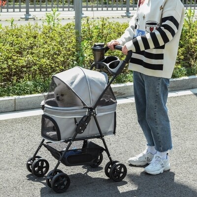 Hundebuggy / Pet Stroller klappbar – Netzfenster, Korb, Becherhalter, Grau