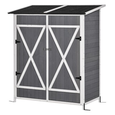 Geräteschuppen mit 2 Türen und extra Tisch, Geräteschrank mit Asphaltdach, 140 x 75 x 157 cm, grau