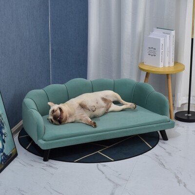 Hundesofa mit Rückenlehne Haustiersofa mit Holzbeinen Hundebett Weichem Bezug, Katzensofa Grün 98,5x60,5x35,5 cm