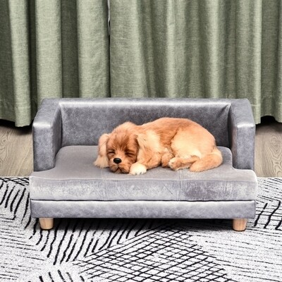 Hundesofa, Haustiersofa, Hundebett, Hundematte, Kunstleder, Kurzplüsch, Grau, 68 x 41 x 32 cm
