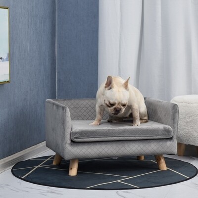 Hundesofa mit Holzbeinen Hundebett Haustiersofa Hundematte für kleine Hunde bis zu 8 kg Samt-Touch Grau 64 x 45 x 36 cm