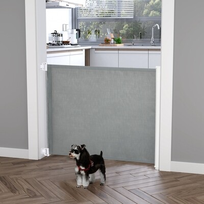 Hundeschutzgitter aufrollbar, grau, Einhandbedienung, 5,5–115x82,5 cm PVC