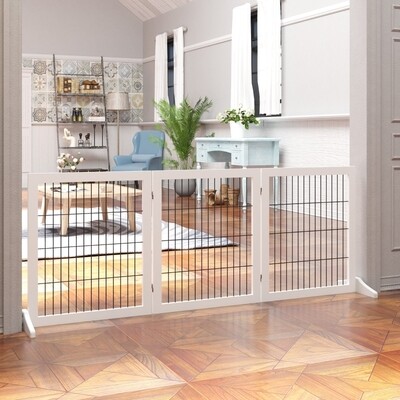 Freistehendes Absperrgitter Hund, 3 Paneele, 185x36x71 cm, weiss, Kiefernholz, klappbar