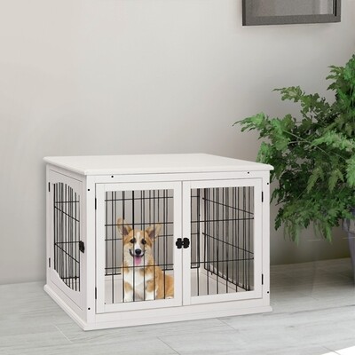 Hundebox für Zuhause 2 Türen, MDF, Metall, Weiss (58,5x81x66cm)