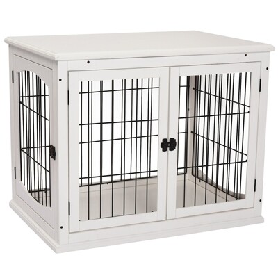 Hundebox für Zuhause 2 Türen Hundehütte MDF Metall Weiss