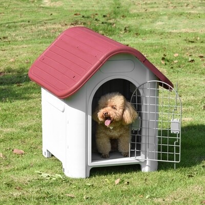 Outdoor Hundehütte, Hundebox – Dachfenster, Tor, Rot/Hellgrau