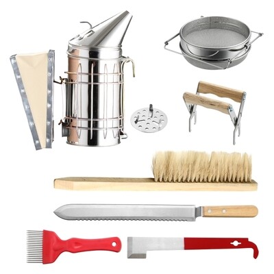 7-teiliges Imkereiset mit Smoker und Stockmeissel, Stahl+Holz, Rostfrei