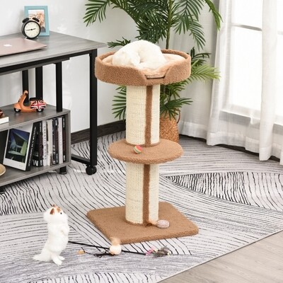 Katzenbaum Spielbaum Kratzstamm mit Plattform Sisal Lammkaschmir Hellbraun