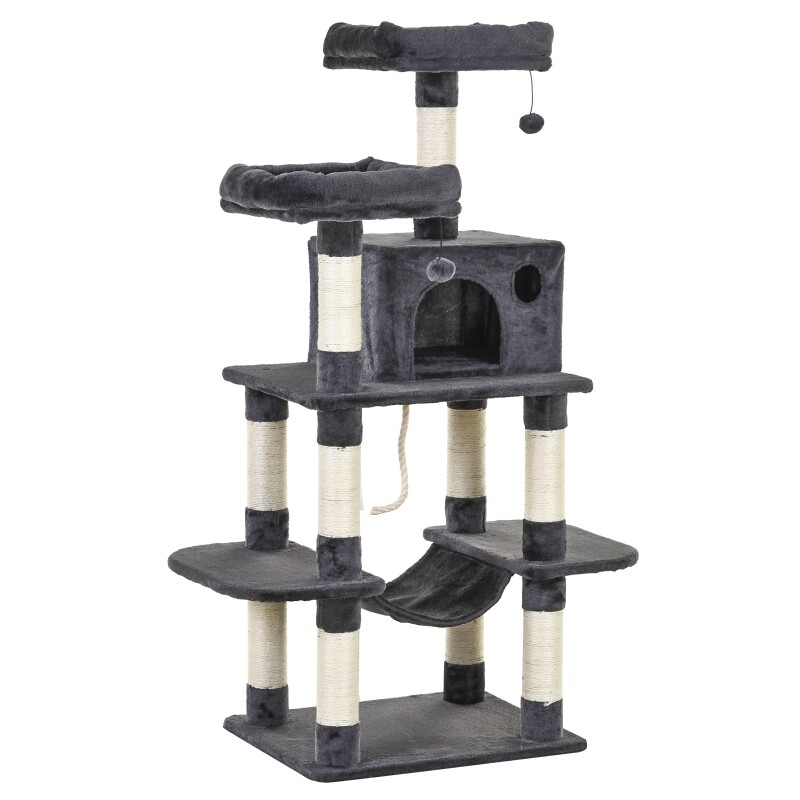 Katzenbaum Luxus 144 cm – Hängematte, Katzenhaus, Kletterbaum, Dunkelgrau