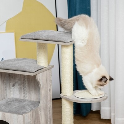 Kratzbaum mit Katzenhöhle Katzenbaum Kletterbaum für Katzen Sisal Grau