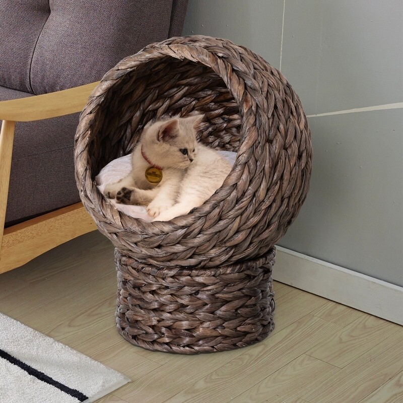 Katzenkorb, Katzenbett mit Kissen, Katzenhöhle, Wasserhyazinthe, Grau