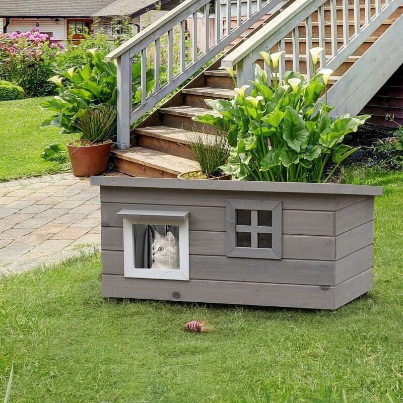 Katzenhaus Outdoor Katzenhütte Katzenvilla Hundehütte Asphaltdach Massivholz Grau