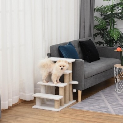 Katzentreppe 4 Stufen mit Kratzbaum und Spielball, Weiss