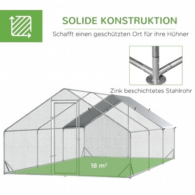 Grosser Hühnerstall, Geflügelstall Gehege für Freilaufhühner mit Dach und Tür Stahl 3 x 6 x 2 m