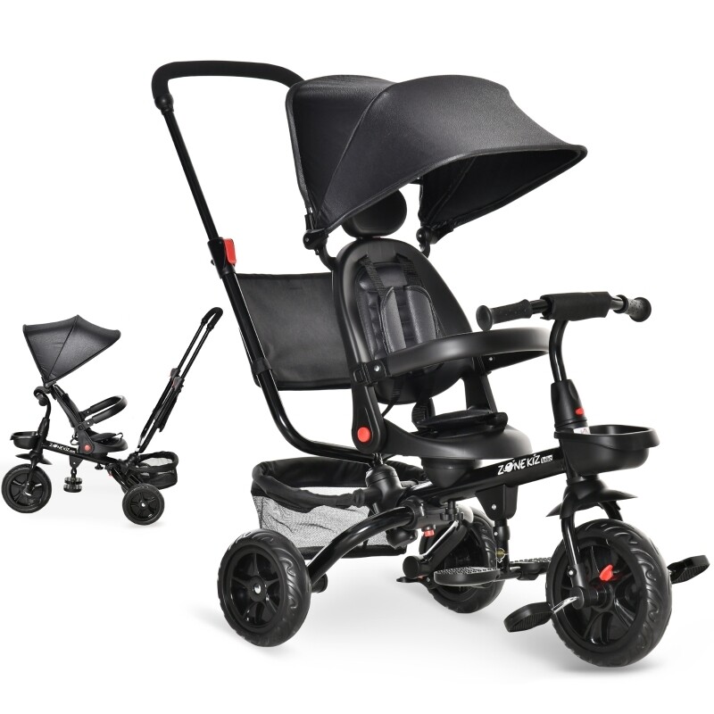 4-in-1 Kinderdreirad mit Sicherheitsgurt und Sonnendach Dreirad Kinderauto Kinderwagen schwarz