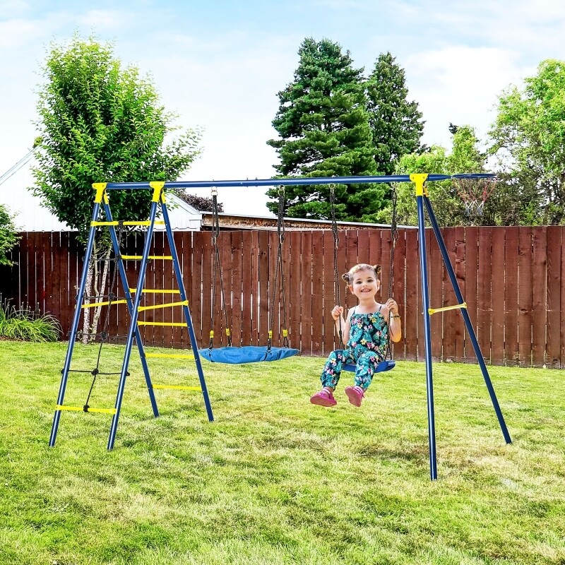 Kinderschaukel Gartenschaukel Netzschaukel Schaukelgerüst Schaukelset Doppelschaukel mit Kletterleiter