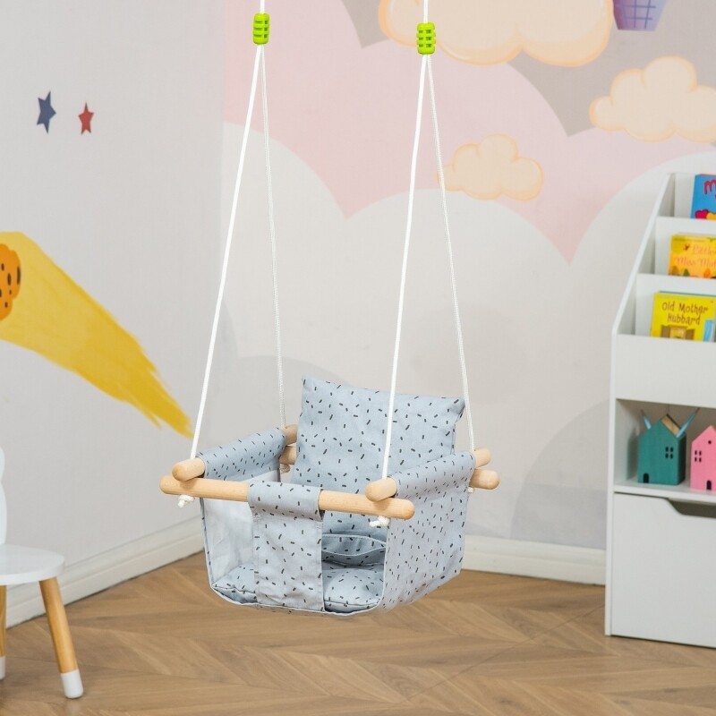 Kinderschaukel, Babyschaukel mit Sicherheitsgurt, Holzrahmen, Grau,