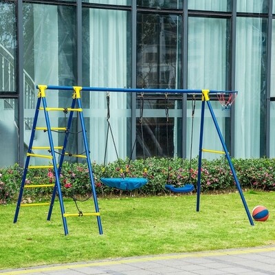 Kinderschaukel Gartenschaukel Netzschaukel Schaukelgerüst Schaukelset Doppelschaukel mit Kletterleiter