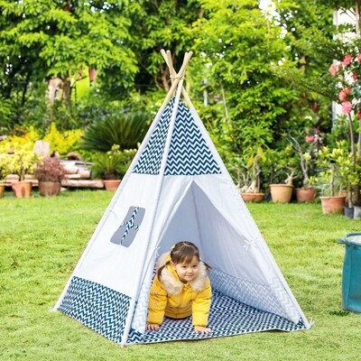 Tipi-Zelt für Kinder mit Bodenmatte und Kissen, weiss + blau