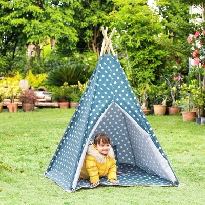 Tipi-Zelt für Kinder mit Bodenmatte und Kissen, Blau+Weiss