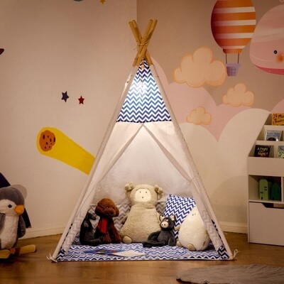 Tipi-Zelt für Kinder mit Bodenmatte und Kissen, weiss + blau