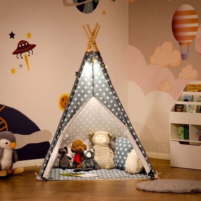 Tipi-Zelt für Kinder mit Bodenmatte und Kissen, Blau+Weiss