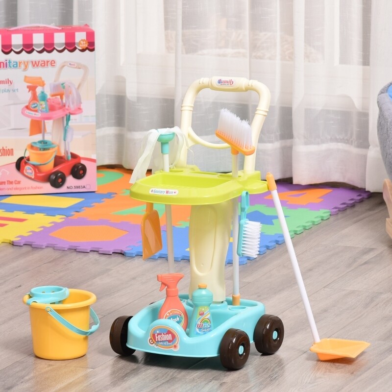Reinigungswagen mit Besen Mopp Putzwagen Grün+Blau+Weiss