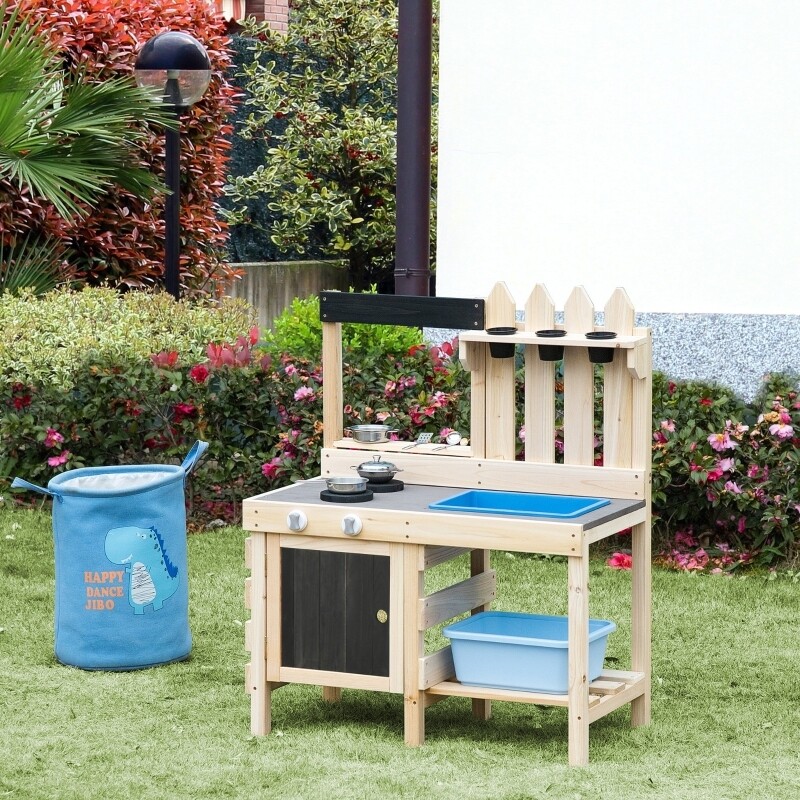 Kinderküche, Matschküche mit Zubehör grau schwarz