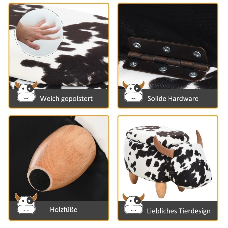 Tierhocker für Kinder Kinderhocker mit Stauraum Milchkuh Sitzhocker Schwarz+Weiss