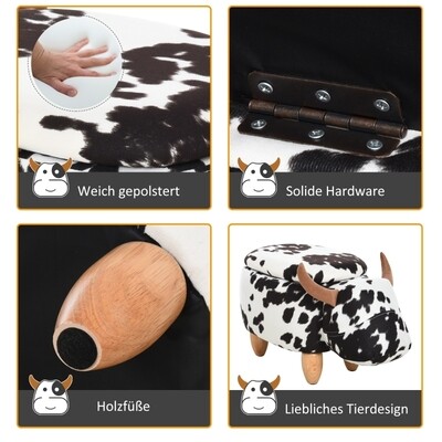 Tierhocker für Kinder Kinderhocker mit Stauraum Milchkuh Sitzhocker Schwarz+Weiss