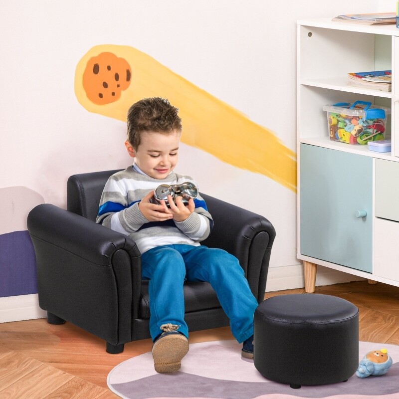 Kindersessel mit Fusshocker Holz Schwarz