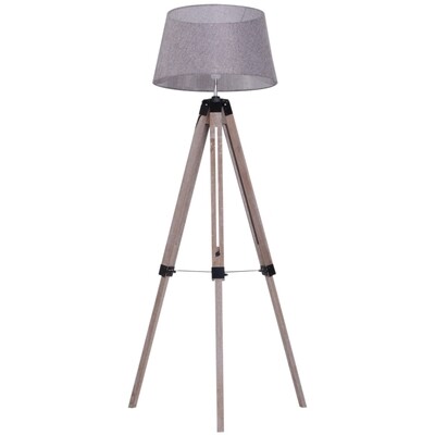 Stehlampe Tripod höhenverstellbar Standleuchte Stehleuchte Holz+Leinen grau