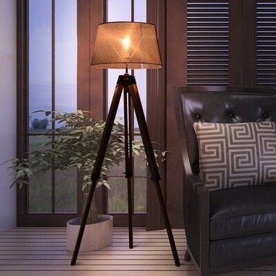 Stehlampe Tripod höhenverstellbar Standleuchte Stehleuchte Holz+Leinen grau