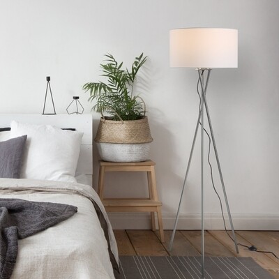 Stehlampe Standleuchte Stoffschirm Silber+Weiss