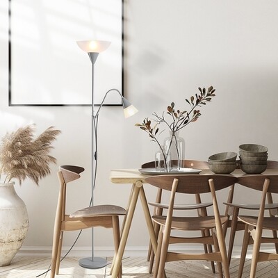 Stehlampe verstellbares Leselicht, Standleuchte Doppelköpfiges Design Silber