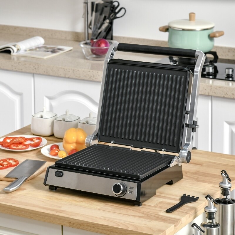 Kontaktgrill, aufklappbar, Silber+Schwarz,
