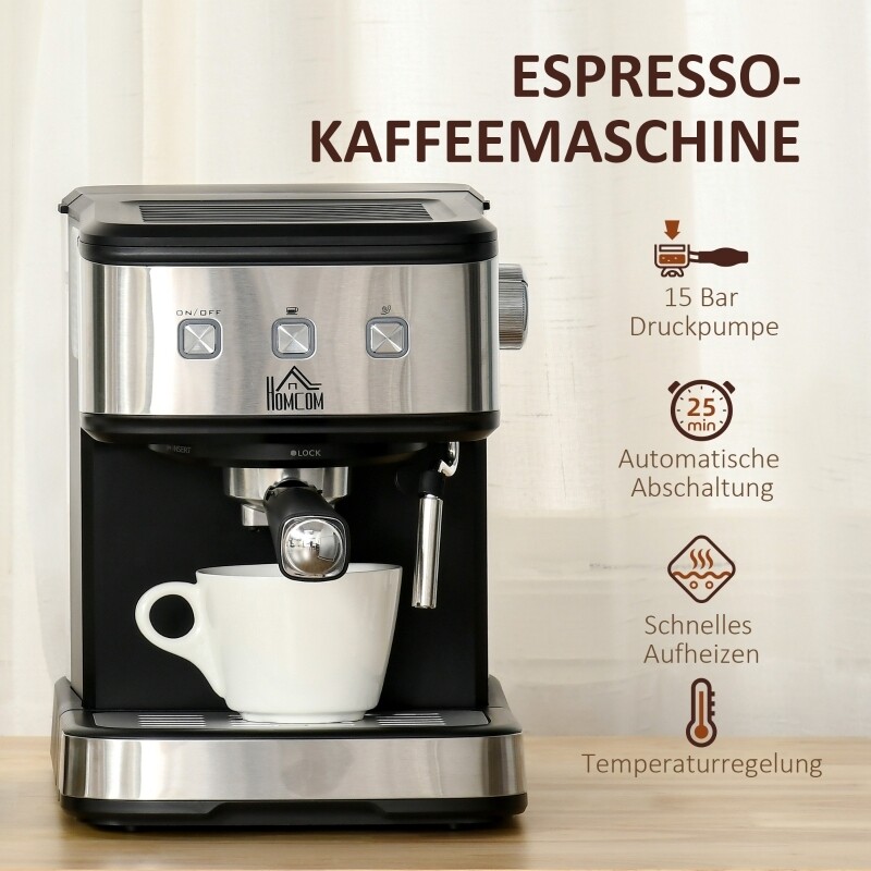 Espressomaschine Kaffeemaschine aus Edelstahl mit Milchschäumer