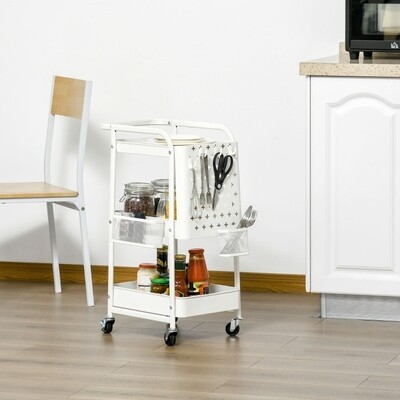 Rollwagen mit 3 Böden und Seitentafel, Stahl+PP, Weiss