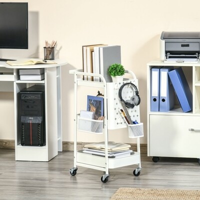 Rollwagen mit 3 Böden und Seitentafel, Stahl+PP, Weiss