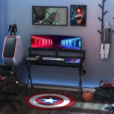 Gaming-Tisch Schreibtisch mit Kopfhörerhaken Computertisch Stahl + MDF Schwarz