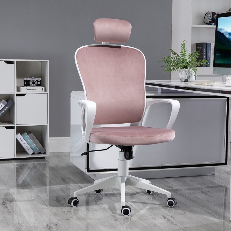 Vinsetto Bürostuhl mit Wippfunktion ergonomischer Drehstuhl höhenverstellbar mit Armlehne Kopfstütze rosa