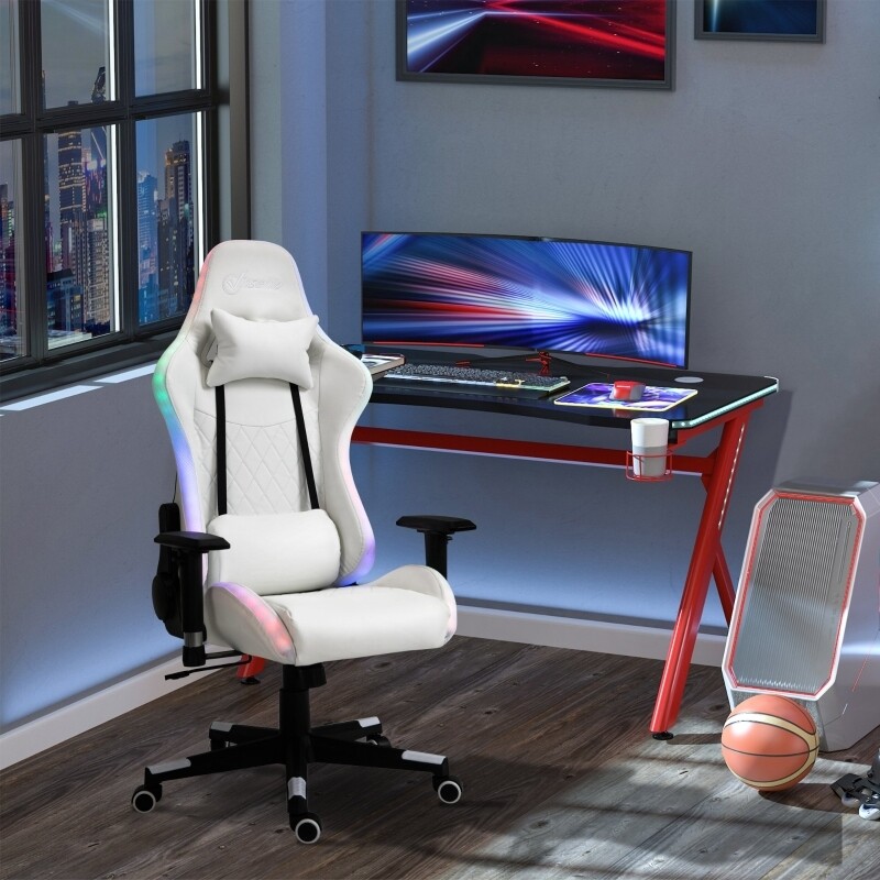Vinsetto Gaming Stuhl mit RGB LED-Beleuchtung und Kissen weiss-schwarz