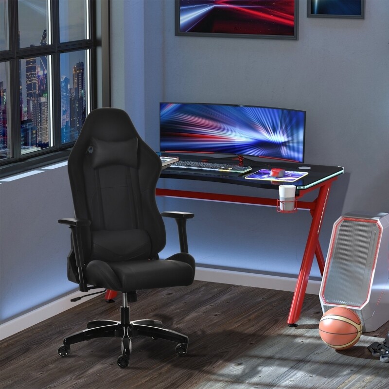 Vinsetto Gaming Stuhl mit Wipp- & Liegefunktion und Kopfstütze Lendenkissen schwarz