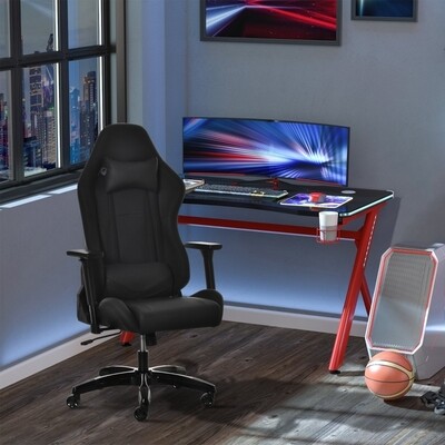 Gaming Stuhl mit Wipp- &amp; Liegefunktion und Kopfstütze Lendenkissen schwarz