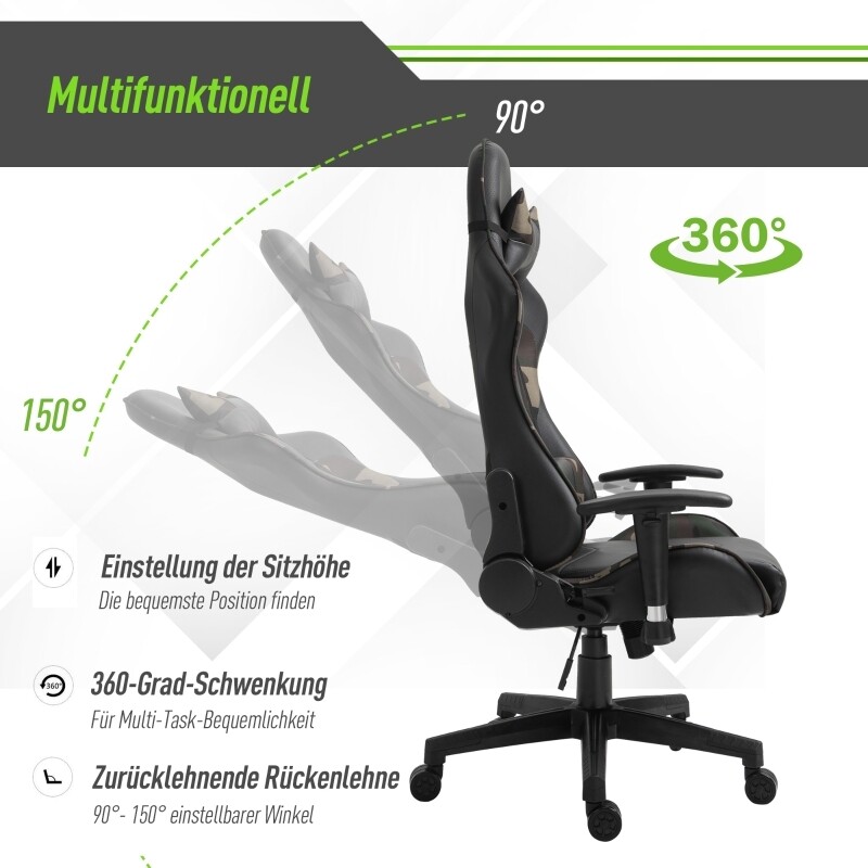 Drehstuhl mit Massagekissen Gaming Schwarz Army-Tarnfarbe Camouflage