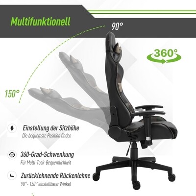 Drehstuhl mit Massagekissen Gaming Schwarz Army-Tarnfarbe Camouflage